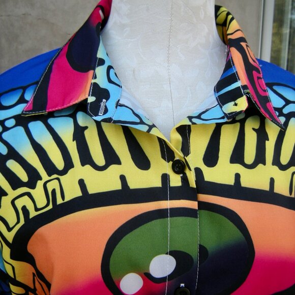 Super Colorful Size LARGE Ethnic EYE Print Tunic Shirt Modern Art Boho Top - Picture 5 of 7
